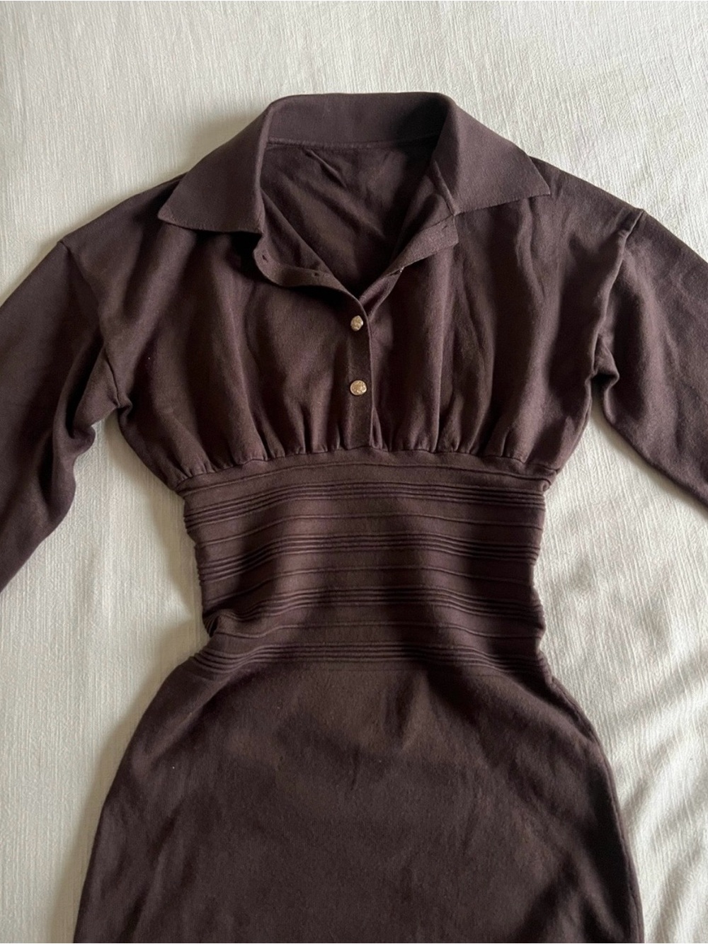 Commense Cinched Waist Knit Shirt Midi Dress in Brown - Picture 4 of 7